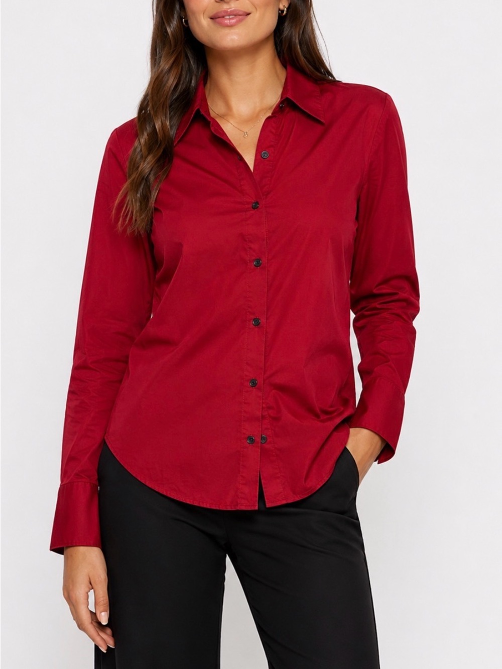 Norma Kamali Red Button-Down Blouse Long Sleeve Embroidered Collar Small